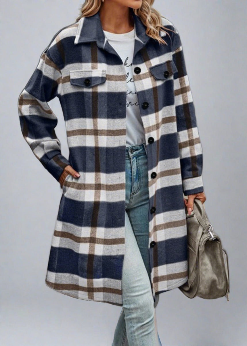 Long Plaid Body Shacket Medium Navy Apparel & Accessories by The Rustic Redbud Boutique | The Rustic Redbud Boutique