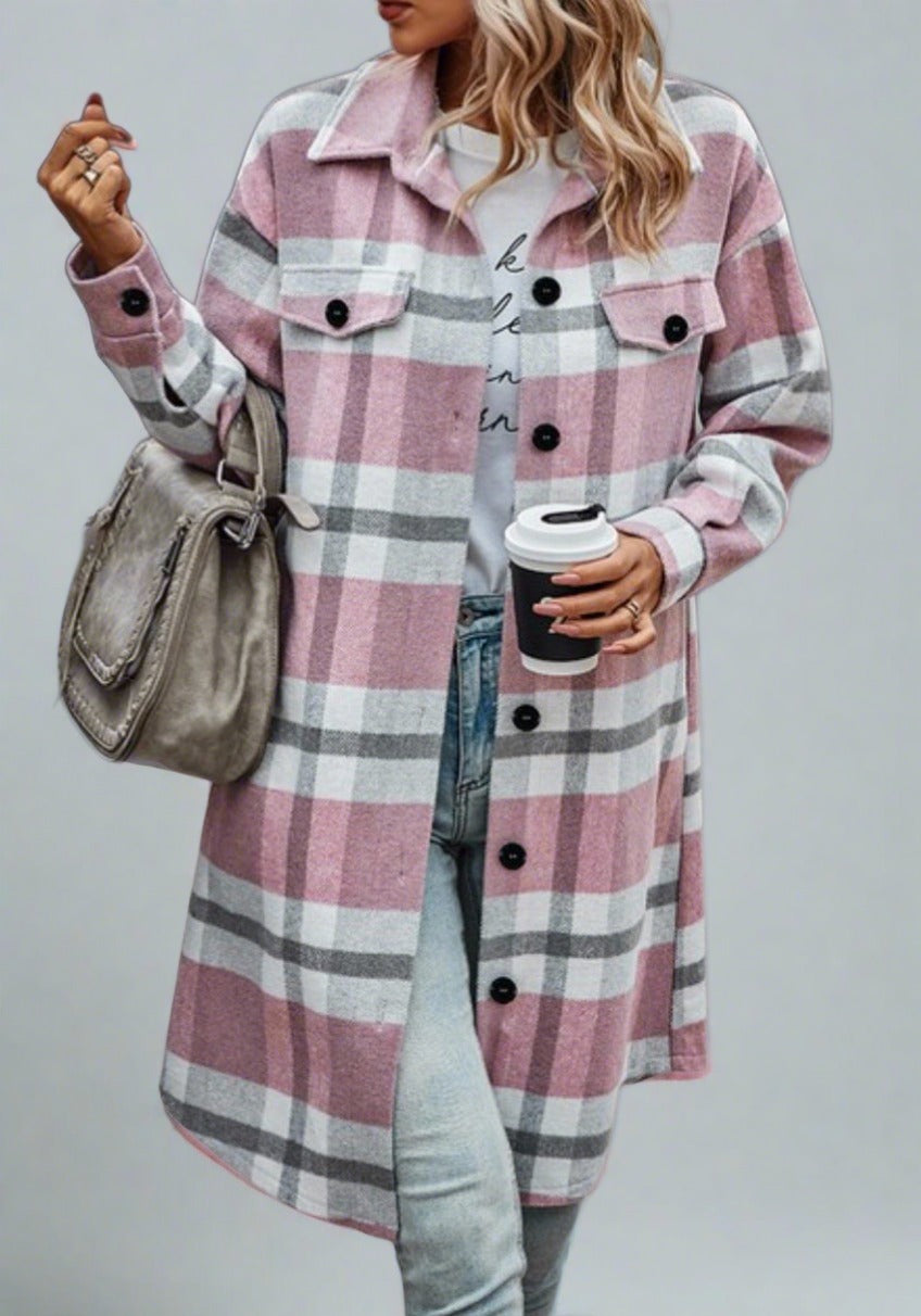 Long Plaid Body Shacket Medium Pink Apparel & Accessories by The Rustic Redbud Boutique | The Rustic Redbud Boutique