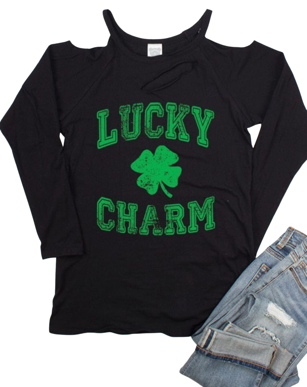 Curvy Lucky Charm Cold Shoulder Shirt Shirts & Tops by FashionGo | The Rustic Redbud Boutique