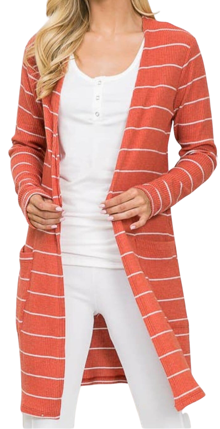 Stripe Midi Cardigan with Side Pockets - Coral Apparel & Accessories by The Rustic Redbud | The Rustic Redbud Boutique