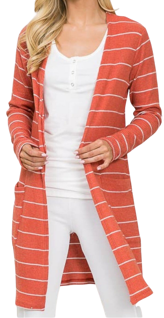 Stripe Midi Cardigan with Side Pockets - Coral Apparel & Accessories by The Rustic Redbud | The Rustic Redbud Boutique